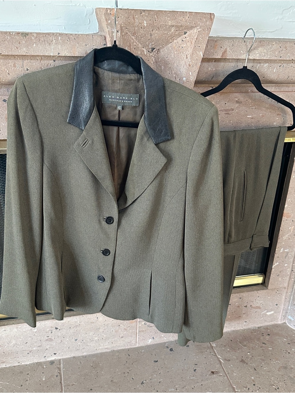 Olive Green Women's Blazer with Black Faux Leather Collar & matching pants